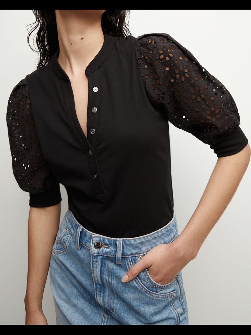Veronica Beard coralee eyelet puff sleeve top shirt black small